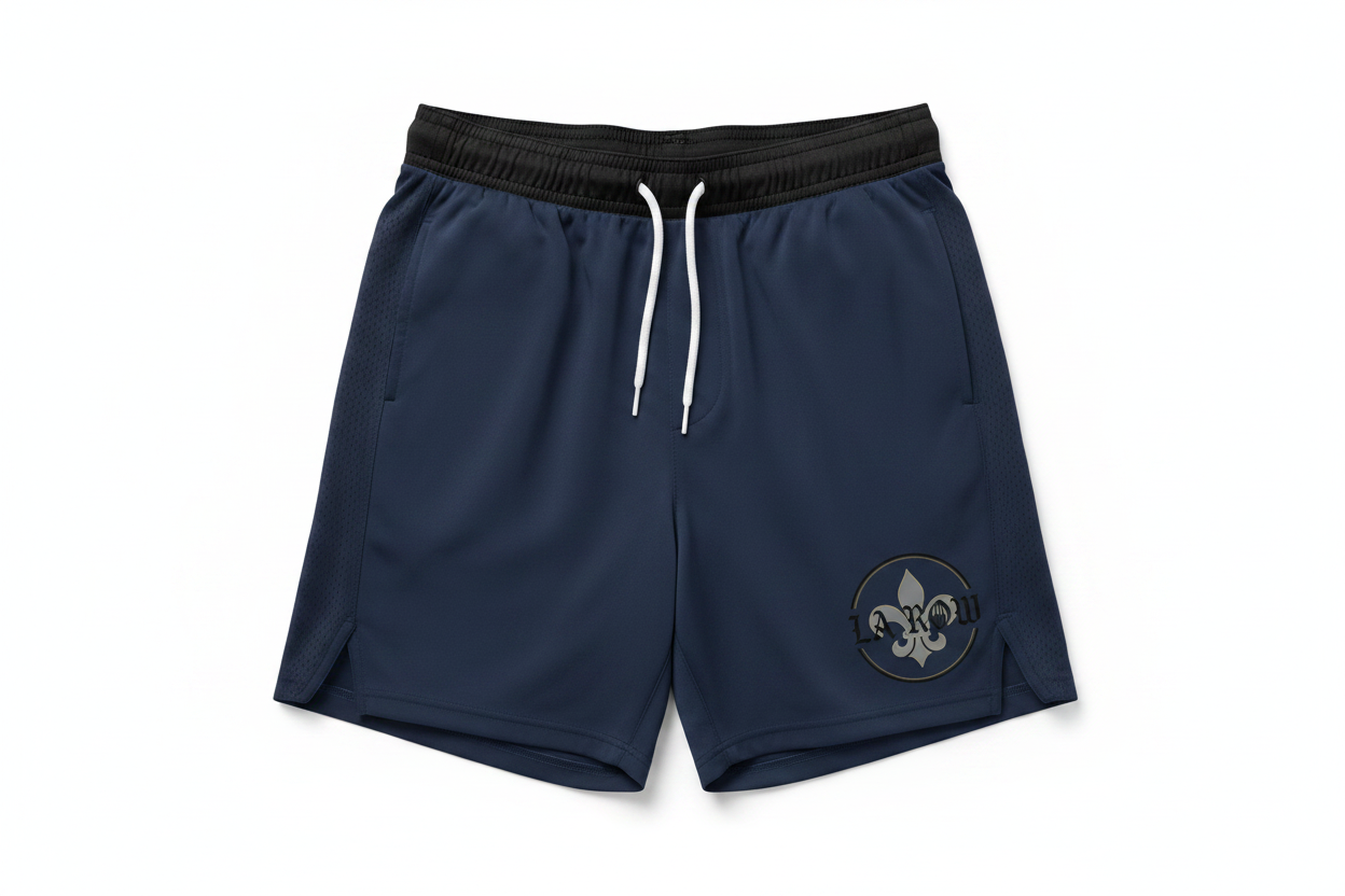Navy LA Row Athletic Shorts with logo on left leg