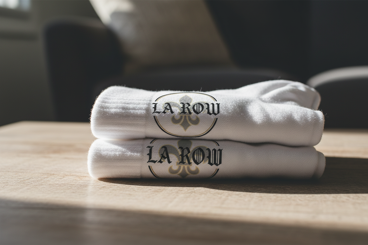 LA Row white crew socks folded on wooden surface