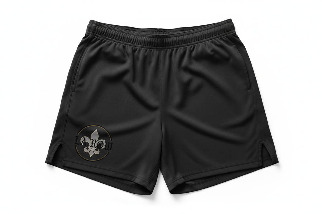 Black LA Row Athletic Shorts with logo on left leg