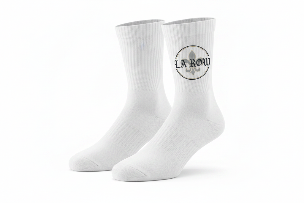 LA Row white crew socks flat lay with logo