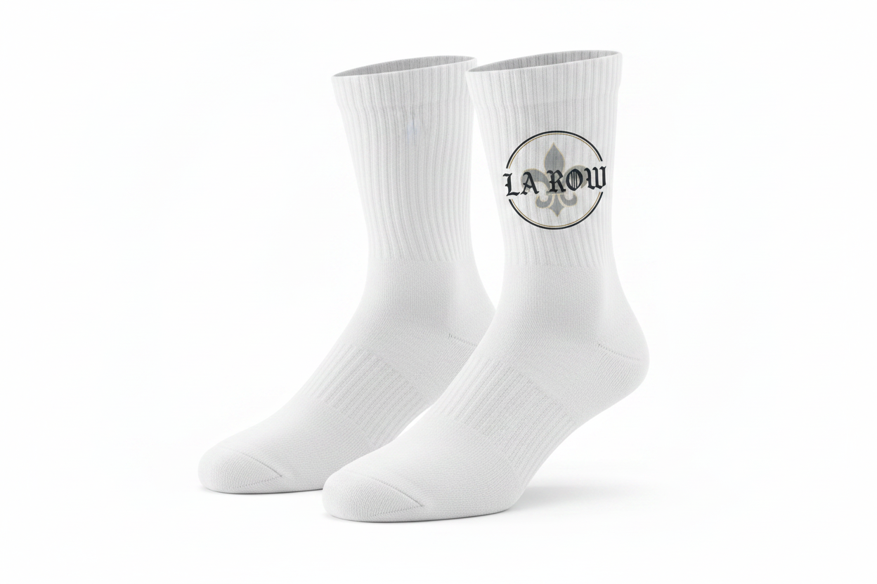 LA Row white crew socks flat lay with logo