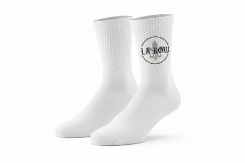 LA Row white crew socks flat lay with logo