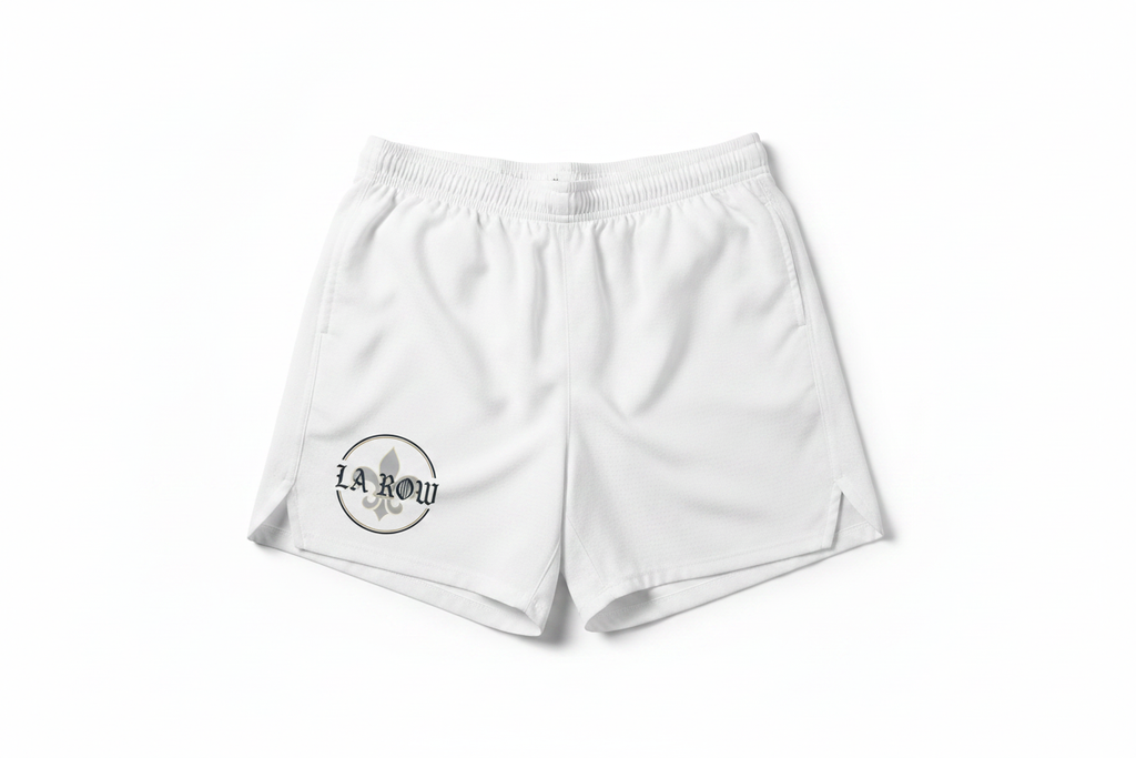 White LA Row Athletic Shorts with logo on left leg