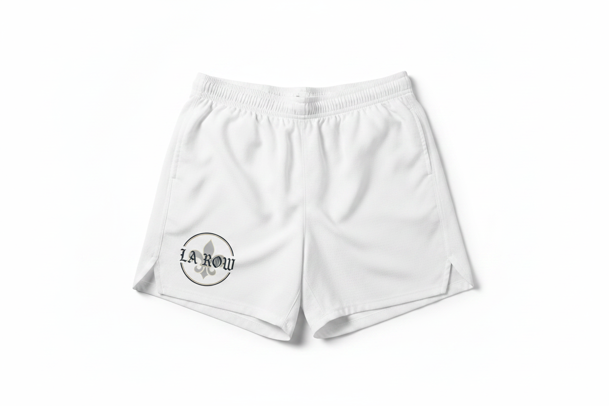 White LA Row Athletic Shorts with logo on left leg