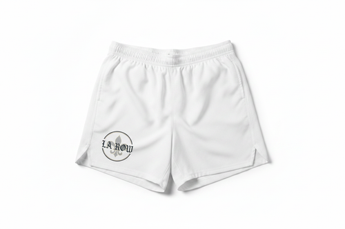 White LA Row Athletic Shorts with logo on left leg