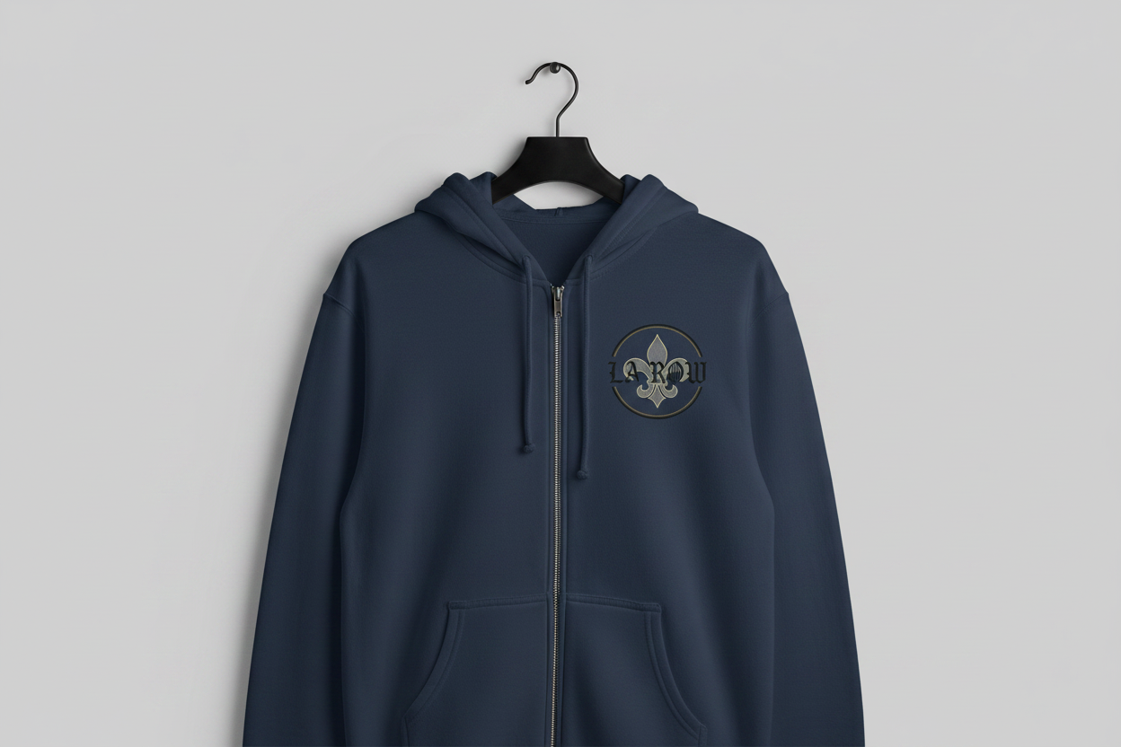 Navy LA Row zip-up hoodie with logo on left chest