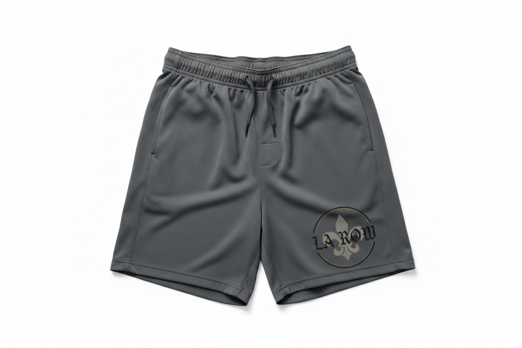 Charcoal Grey LA Row Athletic Shorts with logo on left leg