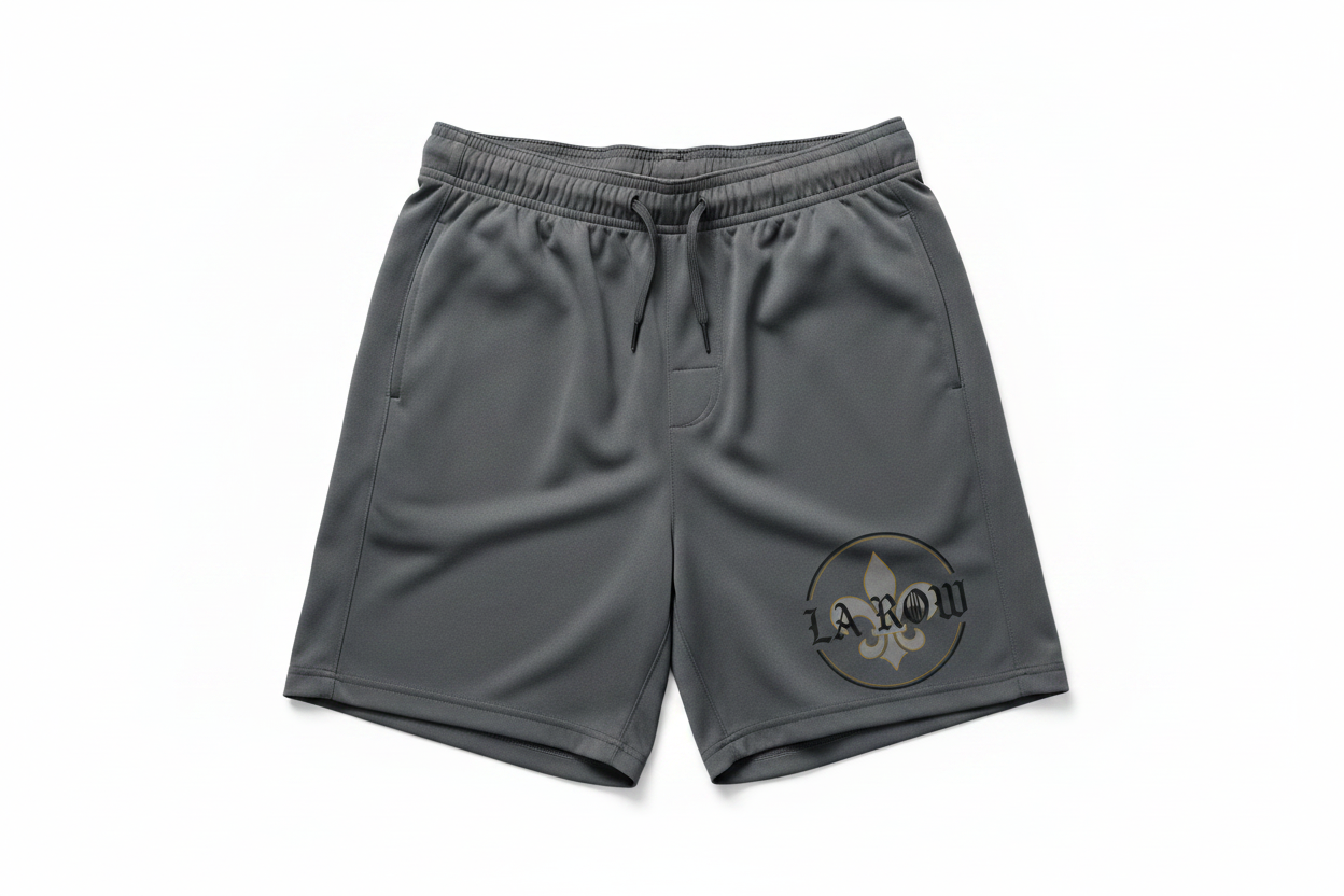 Charcoal Grey LA Row Athletic Shorts with logo on left leg